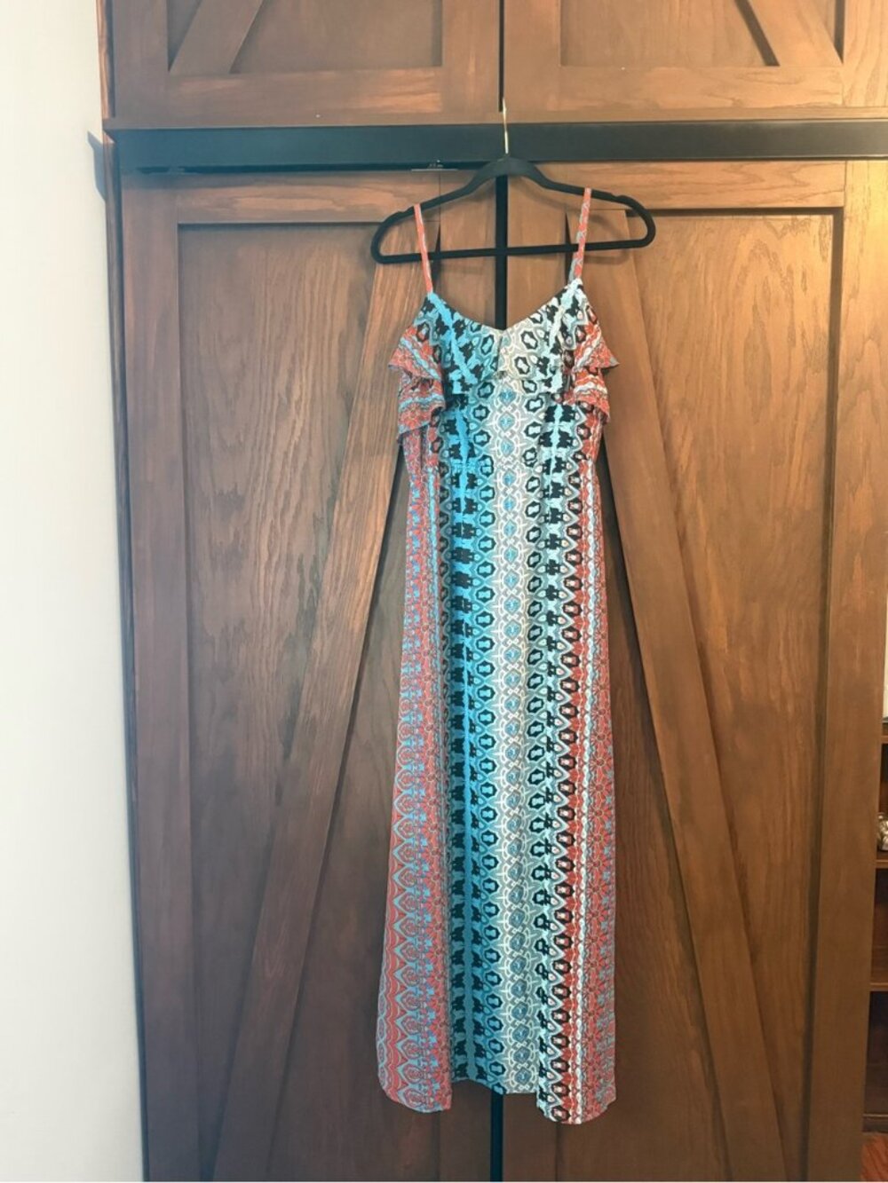 INC International Concepts Boho Maxi Dress Size M Ruffle Strap Print EUC